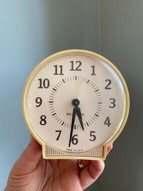 Vintage Tan Westclox Wind-Up Alarm Clock 4.25" White & Black Made In USA